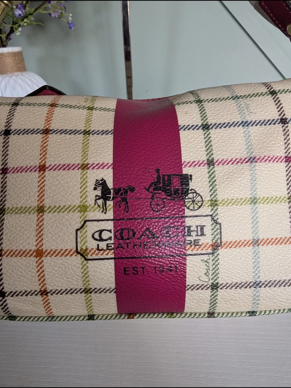 Coach Cream Plaid Canvas Shoulder Bag with Pink Accent